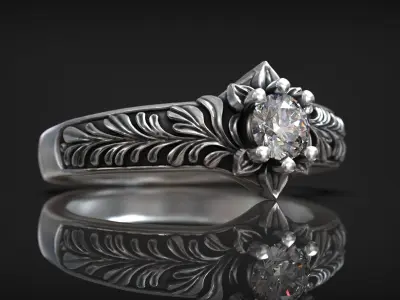 Floral Engagement Ring with Botanical Engraving and Diamond 3D print model
