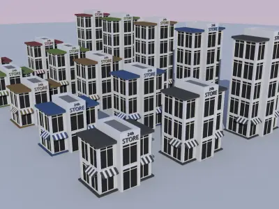Cartoon Building Set Low Poly Building Commercial 24h Store Low-poly 3D model