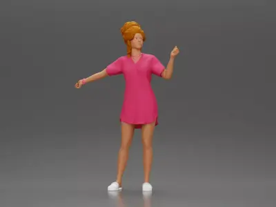 Woman in pink dress dancing joyfully with raised arms sideways 3D print model