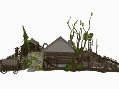 Medieval Peasants Home Scene with Interior Low Poly Low-poly 3D model