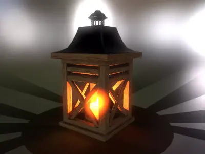 Burning candle in a wooden lantern 3D model