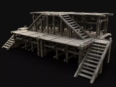 PIER PLATFORM WOODEN WATCHTOWER BRIDGE CONSTRUCTION Low-poly 3D model