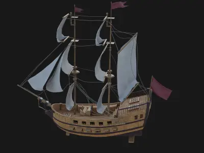 Sail Ship with Canon Animated Low-poly 3D model
