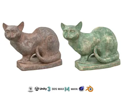Sitting cat rusted statues Low-poly 3D model