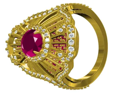 Red Ruby Round and Oval Cut Diamond Antique Cocktail Ring 3D print model