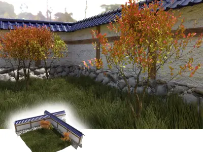 Japanese garden with wall bushes and gras 3D model Low-poly 3D model