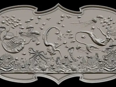 Aquatic Mermaid Theme Panno v2 STL for CNC Relief engraving  3D model
