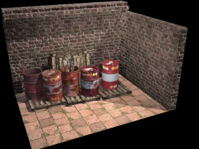 Barrel brick wall with barrels Low-poly 3D model