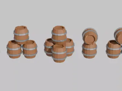Low Poly Wooden Barrels Set Low-poly 3D model