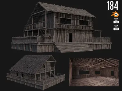 4 Old Wooden Buildings Pack 4K Textures GameReady 181 to 184 Low-poly 3D model