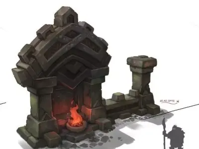 Hand-painted model stone structure with fire in it Free 3D model