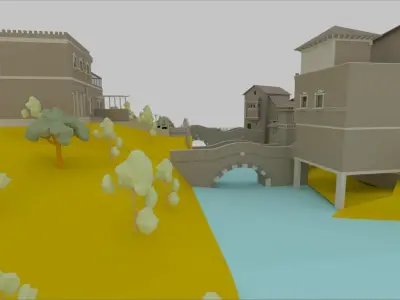 LOW POLY HISTORIC VILLAGE BESIDE RIVER Low-poly 3D model