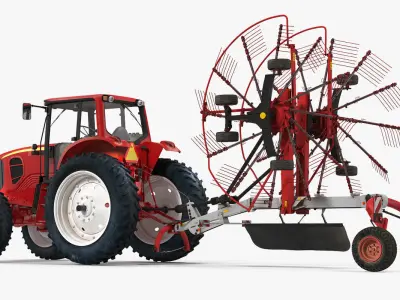 Tractor with Used Twin Rotary Rake Generic Parked 3D model