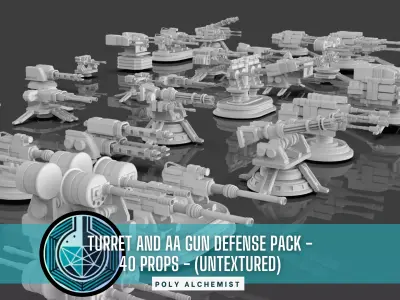 Turret and AA Gun Defense Pack - 7 - 40 Props - Untextured 3D model
