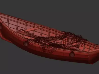Old Wooden Fishing Rowboat with Net and Buoys 3D model  3D model