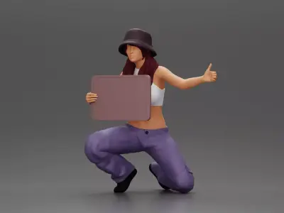 Girl wearing hat and pants sitting holding sign and hitchhiking 3D print model