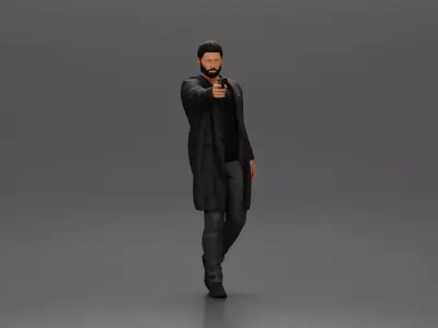 Man in Black Coat Aiming a Gun with Confident Stance 3D print model