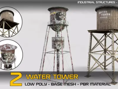 2 Water Towers with PBR material Low-poly 3D model