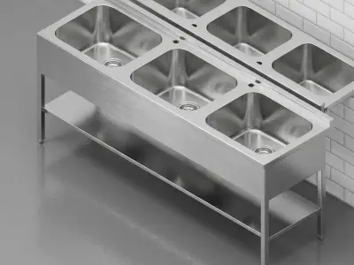 3 Compartment Industrial Sink  Stainless Steel Revit Family 3D model