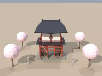 Japanese Romon Two-Story Temple Gate 3D Model Low Poly Low-poly 3D model