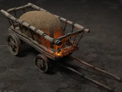 Stylized medieval cart with a lamp and hay Low-poly 3D model