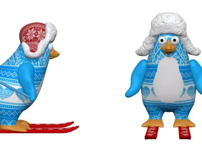 001344 blue and white penguin skating on skies 3D model