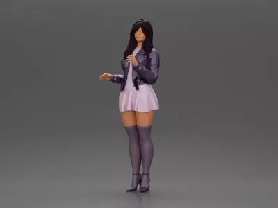Beautiful girl standing in jacket and dress waiting for someone 3D print model