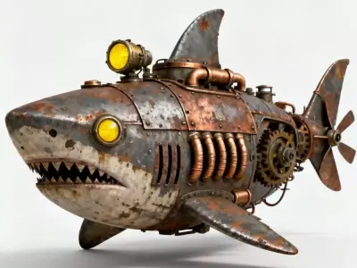 Dieselpunk Shark Submarine 3D Model - Rusted Mechanical Beast Low-poly 3D model