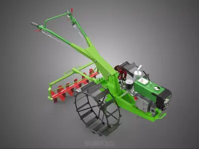 HAND WALKING TRACTOR ROTARY PUDDLER PUDDLING MUD RICE FARMING 3D model