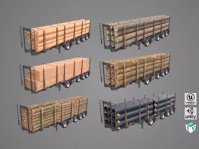 Logging Trailer Black with 6 Loads single Mat All PBR Textures Low-poly 3D model