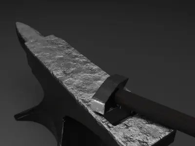 Blacksmith anvil with hammer in low-poly 3D model