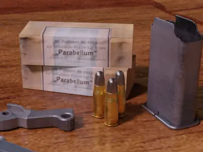 Mauser C96 Broomhandle with carry  case low poly game asset Low-poly 3D model