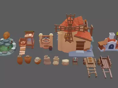 Stylized Windmill Yard Pack Low-poly 3D model
