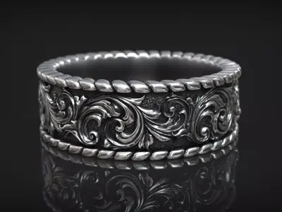 Ornamental Floral Relief Band Vintage Baroque Scroll Ring 3D print model