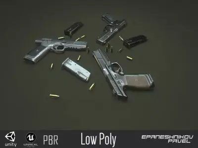 pistol guns and bullets Low-poly 3D model