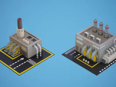 Set of 2 factories with textures Low-poly 3D model