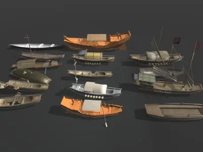 A group of small wooden boats 10 Low-poly 3D model