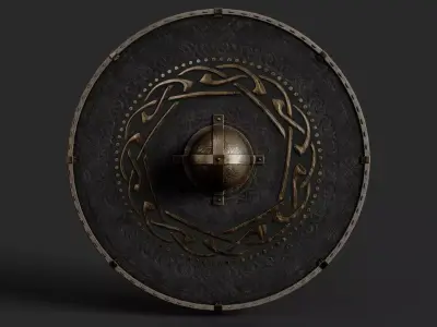 Slavic round leather shield-painted black with nordic symbol Low-poly 3D model