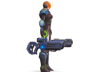Woman Cyborg Soldier with Automatic Rifle and Pistol Low-poly 3D model