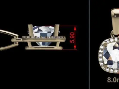 Dainty Diamond Halo Cushion Pendant With Bell 8mm 3D print model