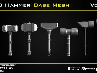 50 Hammer BASE MESH - VOL 02 Game Ready Low-poly 3D model