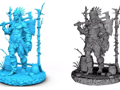 Native amerian warrior with axe with wooden bracket 3D model