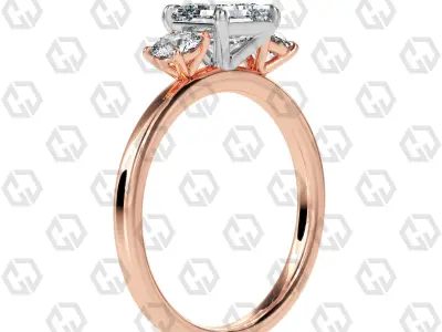 Ring 101 Asscher Shape 3 stone ring with round 3D print model