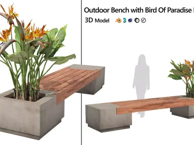Outdoor bench with Bird Of Paradise flower Low-poly 3D model
