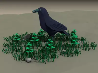 low poly bird crow in grass Low-poly 3D model