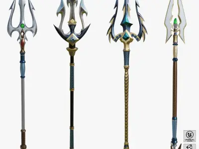  4 Fantasy Tridents All PBR Unity UE Textures Included 