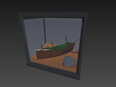 Low poly aquarium ship in glass case Low-poly 3D model