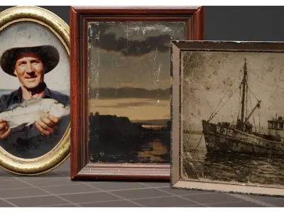 Vintage Picture Frames and Antique Fisherman Wall Art Photo 3D model
