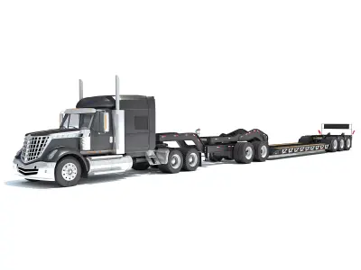 Semi Truck with Lowboy Trailer 3D model 6