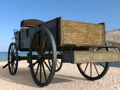 Wagon old wooden cart on beach Low-poly 3D model